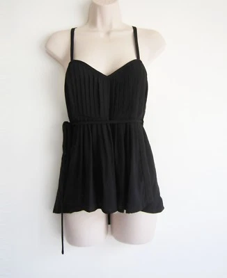 Nanette Lepore Cuello en V Pliegues Correas de Espagueti Frontales X Espalda Cinturón Negro Top Talla 8 Foto 1 de 4