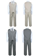 Baby Toddler Boy 4 Pc Gray Khaki Vest Set Pinstripe Formal Wedding Tuxedo Suit
