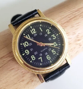 Orologio militare Asian Corp Quartz uomo marcatori luminosi tono oro nuova batteria nero - Foto 1 di 11