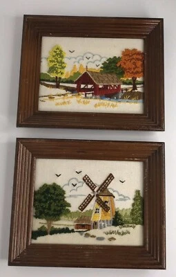 Conjunto escénico de 2 arte de pared enmarcado bordado vintage puente cubierto molino de viento  Foto 1 de 4