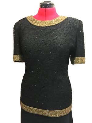 Blusa Top Lawrence Kazar Pequeña Negra, Dorada Cuentas Pesadas Seda De Colección Ropa de Noche Foto 1 de 4