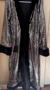 70s Disco Party Mirror Ball Rave Fur Hood Duster Pocket Sequin Cloak Jacket XS/S - Picture 1 of 2