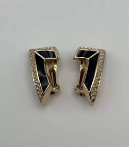 VTG Christian Dior Earrings Gold Plated Black Enamel Crystal Large Clip-On 80's - Picture 1 of 5