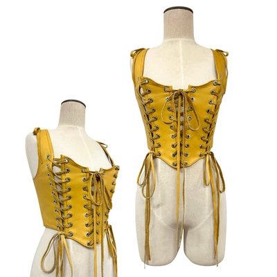 Top corsé vintage personalizado de cuero mostaza para motociclista con cordones Foto 1 de 4