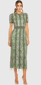 Mac Duggal Gown Dress Size 16 Green Beaded Sequin Crystal Fringe Column 5980 - Picture 1 of 19