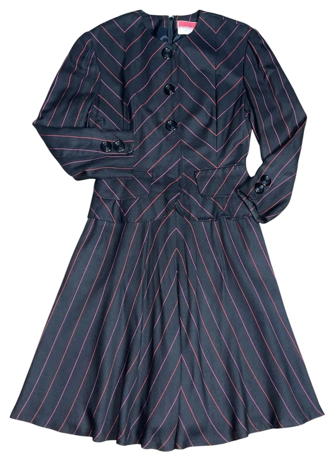 Raro Vestido Chevron Vintage Oscar de la Renta Mujer Manga Larga Negro Talla 8 Foto 1 de 4