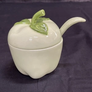 Vintage Ceramic Green Apple Jam/Jelly Condiment Jar Soup Tureen With Spoon - Picture 1 of 16