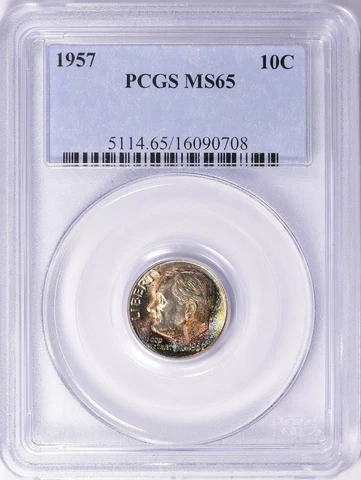 1957 Roosevelt Dime PCGS MS65 Blue Toned Cover