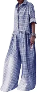 Women Long Sleeve Plaid Jumpsuit Casual Button Up Shirt Pleated Wide Leg Long - Picture 1 of 24