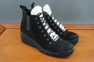 Eileen Fisher Calm Women 8.5 Black Leather Shearling Wedge Ankle Boots Chunky - Picture 1 of 11