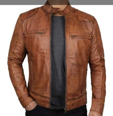 Chaqueta de cuero de piel de oveja Dodge para hombre color tostado estilo motociclista puntada personalizada S-3XL nueva con etiquetas Foto 1 de 4