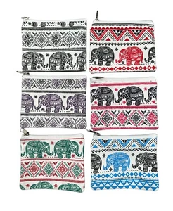 6 Elephants Coin Purse Wallet Thai Handmade Cotton Canvas Ladies Zip Boho Hippie - Picture 1 of 9