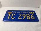 Vintage California Single License Plate TC 2986 Blue 1988