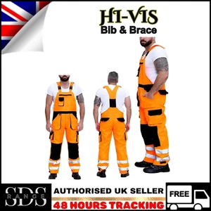 Men Hi Viz Vis Bib & Brace Coverall TX Dungarees Safety Jumpsuit Workwear 2 Tone - Picture 1 of 6