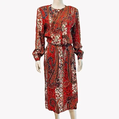 Vintage Leslie Fay Size 10 Floral Paisley 2 Pc Suit Blouse Skirt Set Pockets - Image 1 of 4