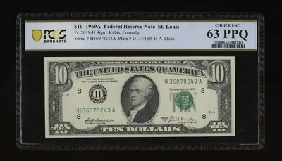 DBR 1969-A $10 FRN St. Louis Fr. 2019-H PCGS-B 63 PPQ Serial H36078243A - Image 1 of 2