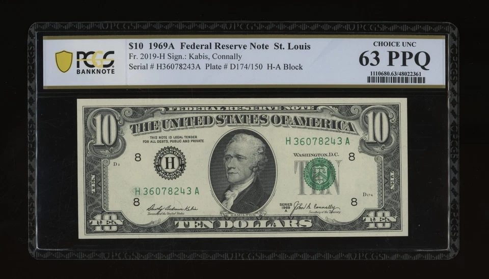 DBR 1969-A $10 FRN St. Louis Fr. 2019-H PCGS-B 63 PPQ Serial H36078243A - Image 1 of 2
