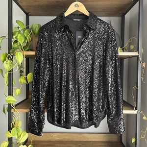 M&S Sequin Shirt 10 12 Black Button Front Collared Stretchy New with Tags - Picture 1 of 10