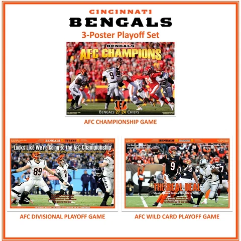AFC CHAMPIONS CINCINNATI BENGALS 3-POSTER 19”x13” COMMEMORATIVE PLAYOFFS SET Cover