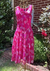 J. Peterman Midi Dress Sz 4 Pink Floral Coquette Ethereal Fairy Ruffle Trim - Picture 1 of 22