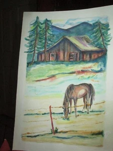 "Original Aquarell-Pferd, Scheune, Blue Ridge Mountains, 7 1/2"" x 11" - Bild 1 von 3