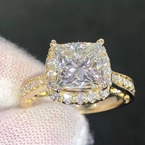 2.Ct Princess Cut Lab Created Diamond Engagement Ring 14K Yellow Gold Plated - Picture 1 of 7