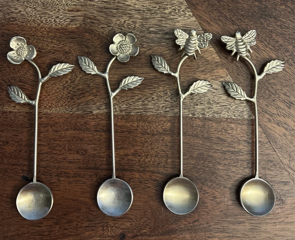 Vintage Gold Tone Spoon Set of 4 Bees Flowers 5 inch Stirrer Sugar Round Kitchen - Image 1 of 4