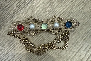 Vintage filigrane Stabbrosche goldfarben mit bunten Glascabochons & Kette - Bild 1 von 2