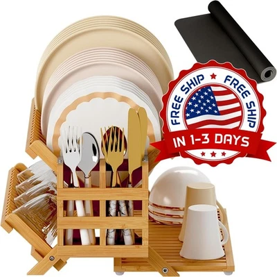 Escurridor De Platos De Madera De Bambú, Organizador, Plegable De 3 Niveles NEW. - Изображение 1 из 4
