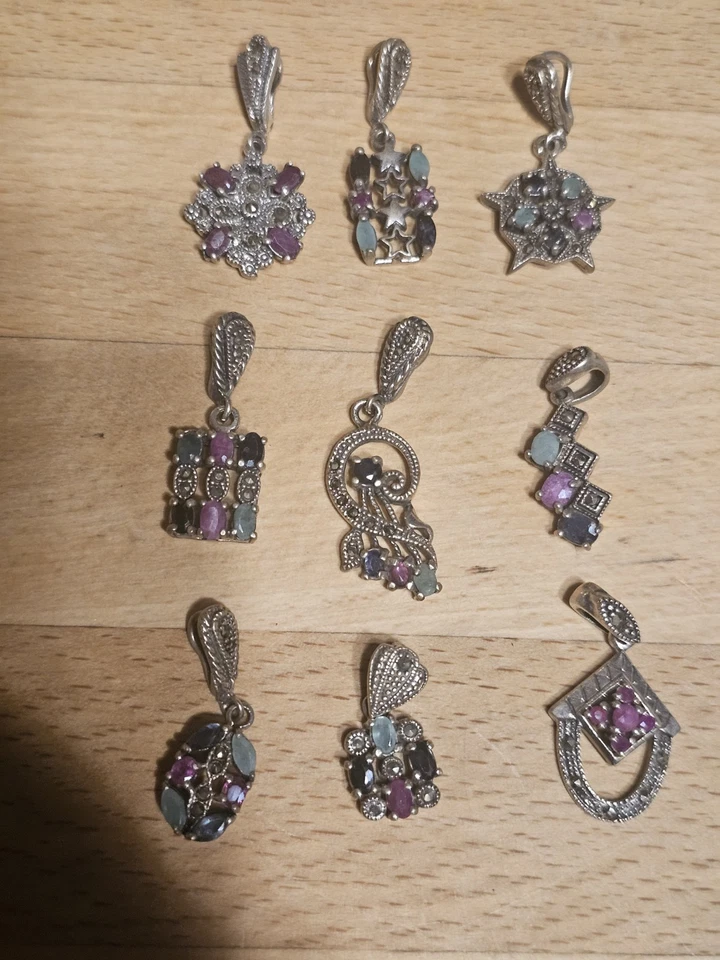 Konvolut 925 Silber Anhänger Mit Rubin, Smaragd Saphir, Markasit - Bild 1 von 3