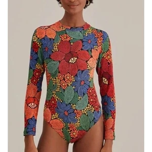 Farm Rio Stitched Flowers Long Sleeve Bodysuit Floral Mock Neck Ribbed, Size L - Picture 1 of 12