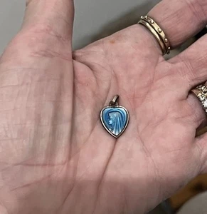 Virgin Mary Medal French Heart Blue Enamel Antique charm Pendant ¾” Lourdes - Picture 1 of 9
