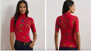 New Lauren Ralph Lauren Belting Print Patterned Jersey Turtleneck Women's Top XL - Picture 1 of 6