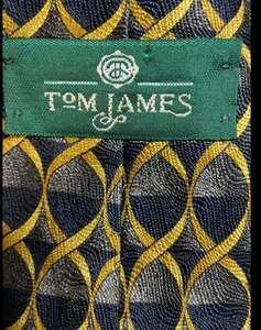 Vintage Tom James All Silk Neck Tie Innocenti w/ Green Label Geometric Navy Gold - Picture 1 of 7