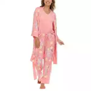 Flora Nikrooz 3-Piece Satin Pajama Set Robe Cami Shorts Women’s Sleepwear - Picture 1 of 14
