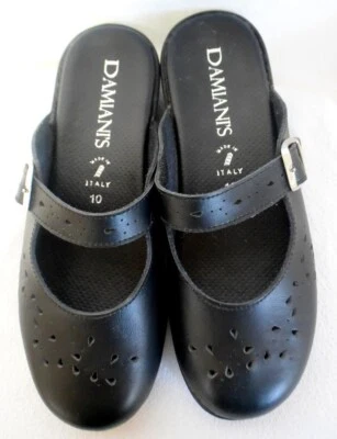 NUEVO SIN CAJA Damiani's Cuero Negro Perforado Sin Cordones Hebilla Correa Cuña Mula-Hecho en Italia-10 Foto 1 de 4