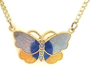 1970s Boho Enameled Butterfly Pendant Necklace Vintage, Blue Figural blu02-18 - Picture 1 of 5