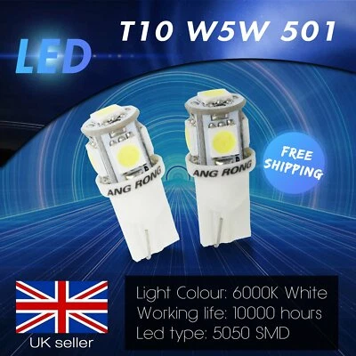 2x T10 W5W 501 Xenon White 5 SMD Auto Car LED Side Light Indicator Light Bulbs - Image 1 of 4