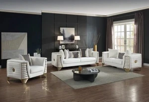 NEW White Cream Gold 3PC Sofa Loveseat Chair Two-Tone Velvet Contemporary Living - Picture 1 of 9