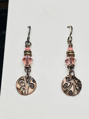 Handmade Copper Earrings with coral colored Swarovski, pure bronze, niobium wire - Image 1 of 4