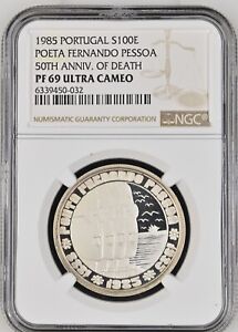 1985 PORTUGAL SILVER 100 ESCUDOS POETA FERNANDO PESSOA DEATH -NGC PF 69 UC