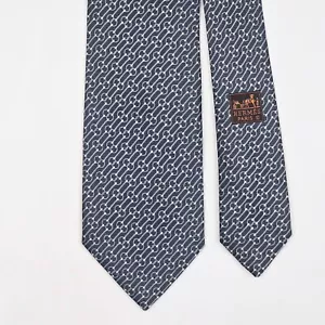 Corbata HERMES TIE 659228 T Cadena Rayas Gris Azul Tejida Seda - Imagen 1 de 6