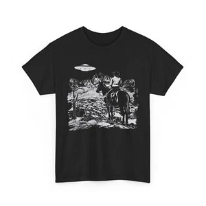 Cowboy Shirt | UFO Scene T-Shirt | Alien Graphic Tee | Cosmic Style for All - Picture 1 of 3