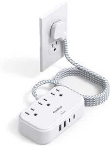 Flat Plug Power Strip 5 Ft Flat Extension Cord, 3 Outlets 4 USB Ports(2 USB C), - Picture 1 of 11