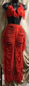 Posh by V Terrizzi Knit Fringe Pant Set Orange Sz S NEW - Picture 1 of 8