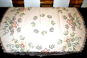 Hecho a mano arte único bordado mantel lino decoración multicolor vintage 148cm - Imagen 1 de 13