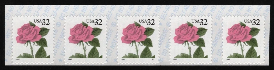 1995 #2492g 32 cent Pink Rose PNC S1111 COIL STRIP OF 5 MNH OG - Image 1 of 1