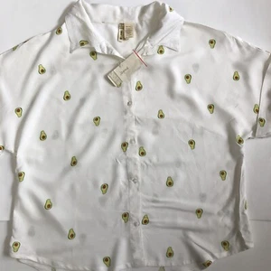 Japna White Green Avocado Novelty Print Blouse Top Size M Button Shirt NWT - Picture 1 of 5