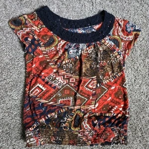 Lucky Brand Womens Size Medium Short Sleeve Multi-Color Lace Blouse - Picture 1 of 7