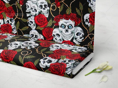 MARKENLOS BAUMWOLLE Popeline Stoff Dekostoff Totenköpfe Rosen WEISS ROT SCHWARZ EUR9,98/m